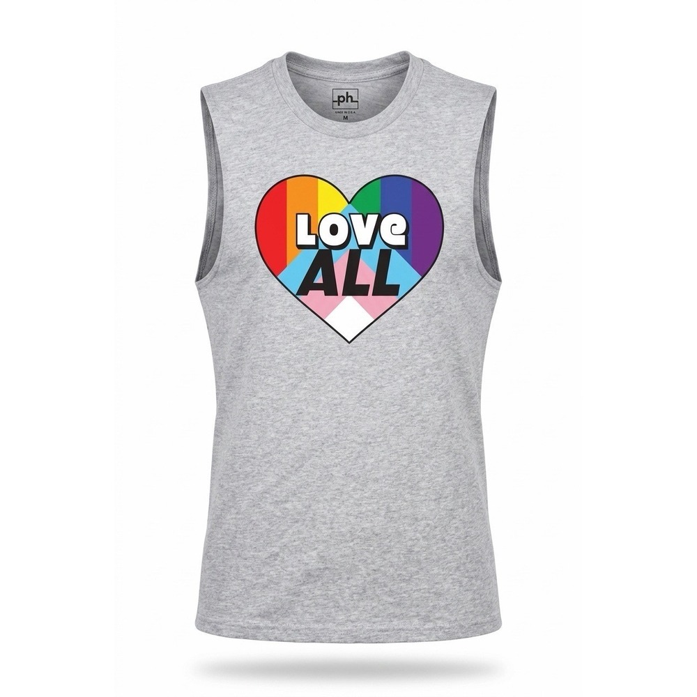 The Phluid Project Mens Love All Rainbow Heart Muscle Tank Heather Grey M NEW